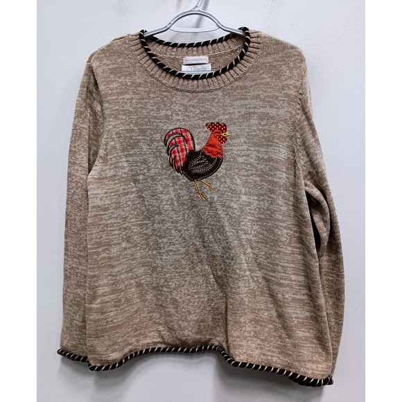 CJ Banks Sweaters - 90s VTG CJ Banks Sweater Womens 1X Tan Rooster Hand Embroidered Farmcore Cotton